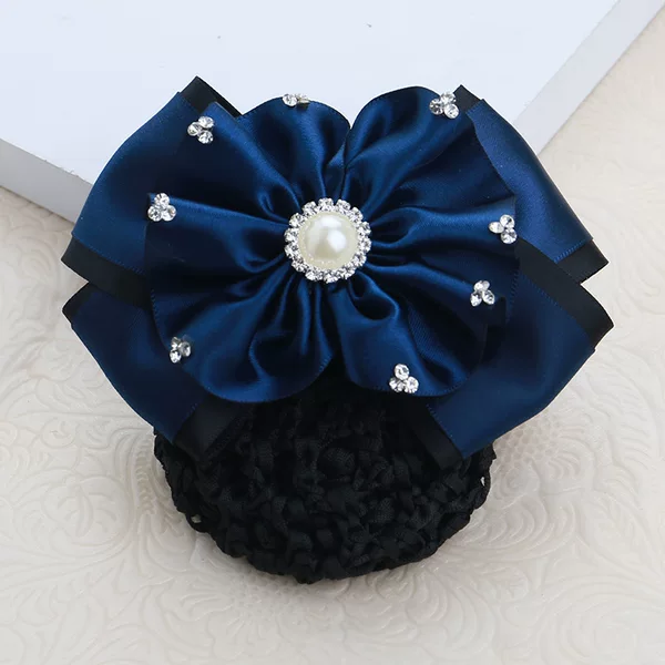 Professional hair accessory: polyester bow with rhinestones, hair clip for bank nurses, flight attendants, hotel staff, and updo hair net