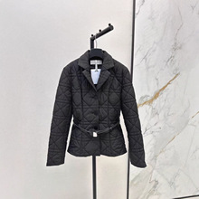 深圳南油25秋冬款法式气质双口袋格纹衍缝翻领收腰显瘦夹棉外套女