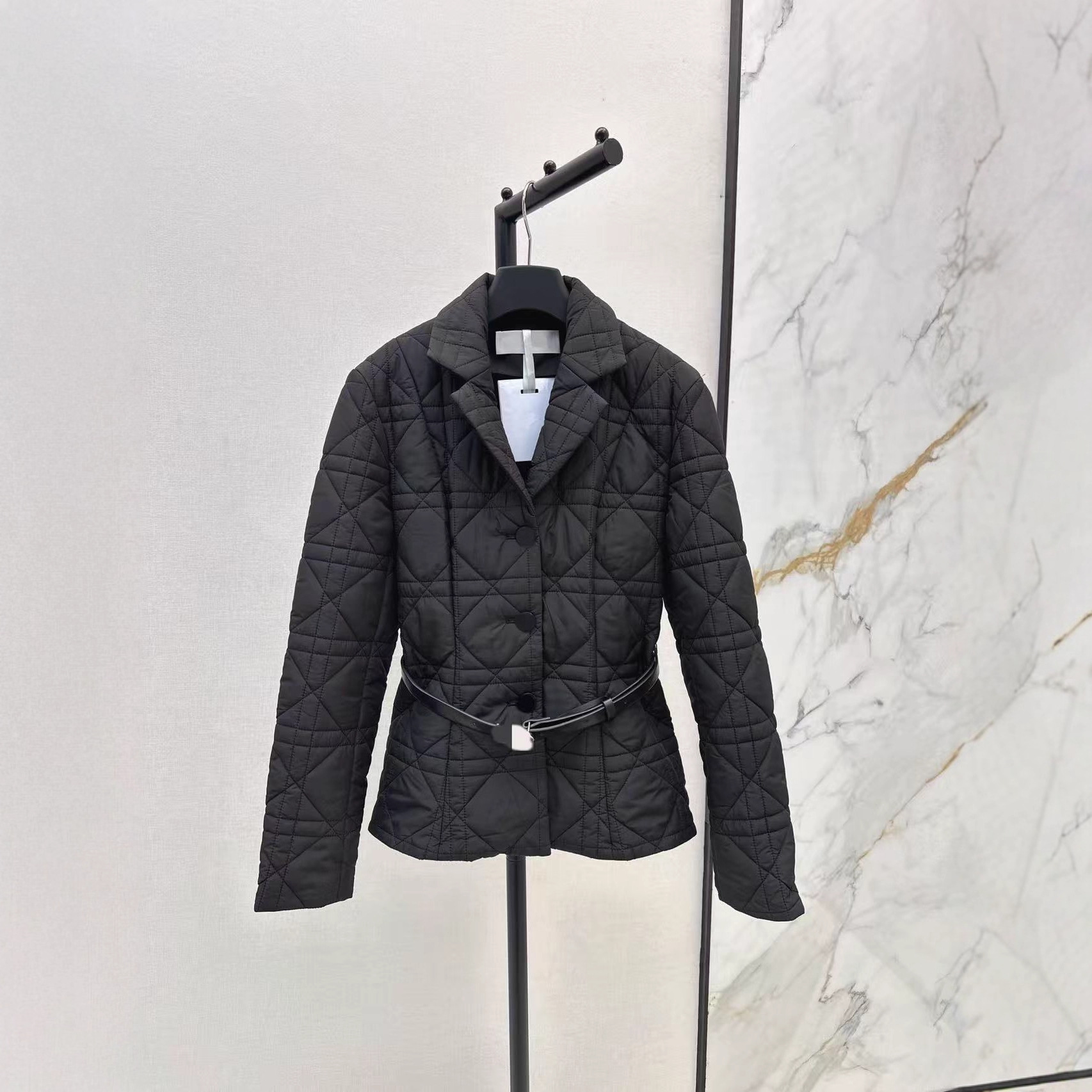 深圳南油25秋冬款法式气质双口袋格纹衍缝翻领收腰显瘦夹棉外套女