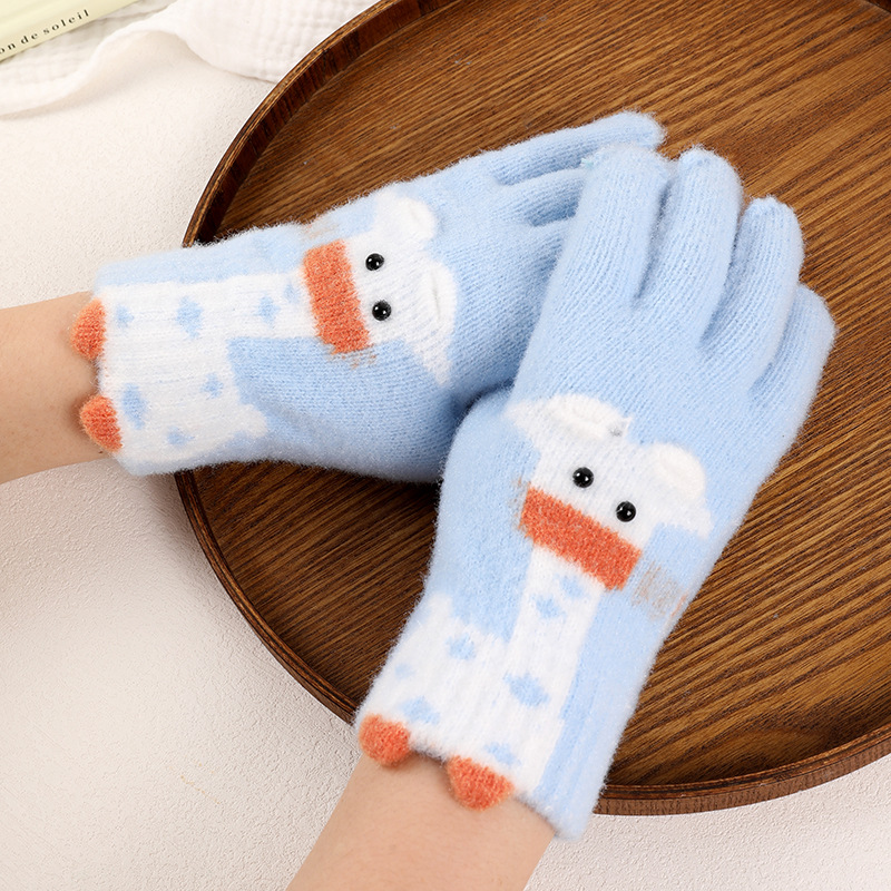 卡通可触屏手套女冬季加厚可爱保暖情侣学生防寒针织毛线骑行五指