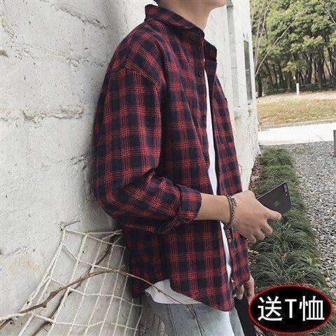 Buy One Get One Free Men's Long-Sleeve Shirt Korean Style Student Loose Collared Shirt Men's Casual Spring and Summer Hong Kong Style Trendy Yu Kang