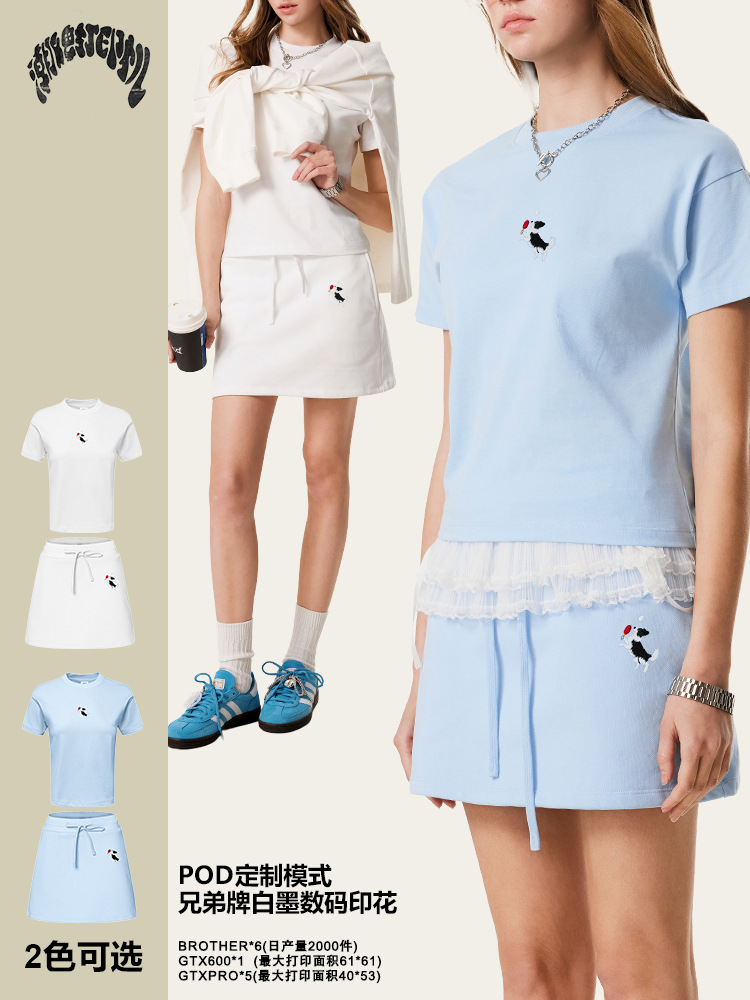 Marca de moda americana de verano en el traje de camiseta de manga corta de perros industria pesada bordados bolsas de camiseta de camiseta de manga corta de dos piezas de camiseta de camiseta de camiseta de mujer