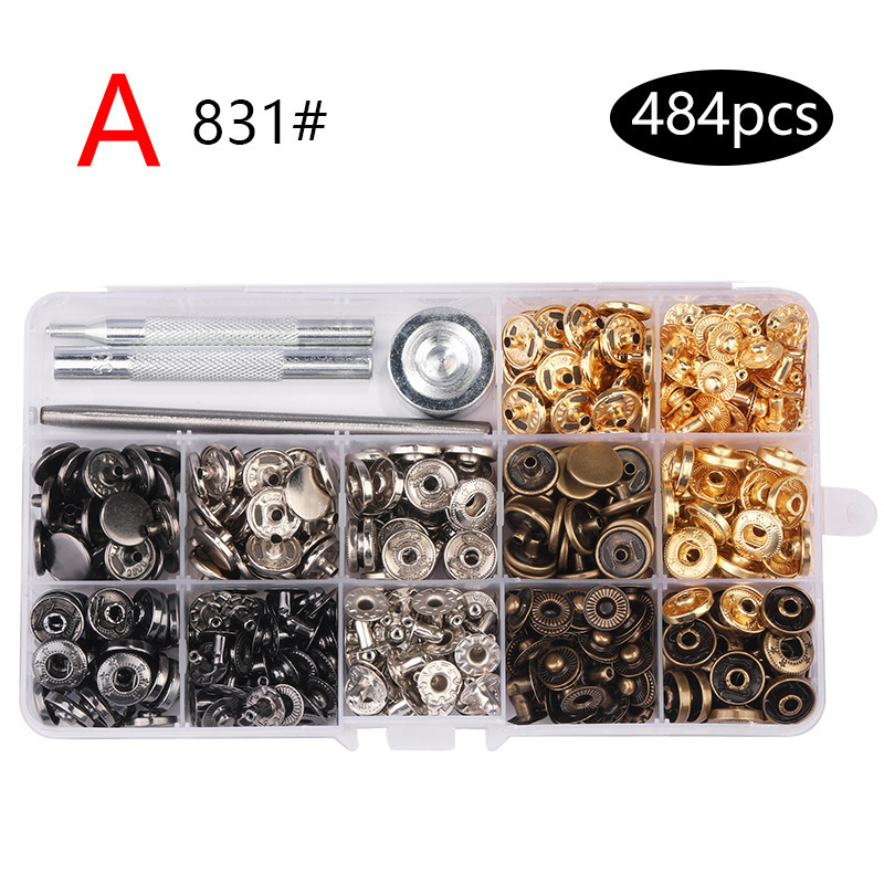 Transfronterizo 633/831 Juego de botones a cuatro bandas en caja Botón redondo de cobre de metal Ropa Botón hembra Accesorios de equipaje