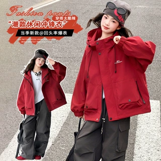 韩系女童纯色冲锋衣外套2026新款秋季洋气中大童秋装外套时尚户外