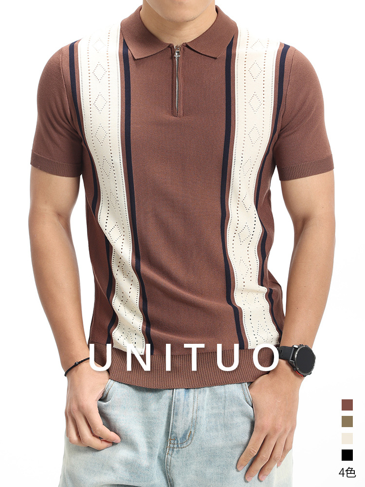 Verano de alta calidad semi-cremallera jersey polo de hielo para hombre limpio ajuste ligero viento de contraste chaqueta rayada para hombre image 1