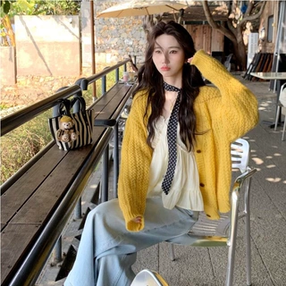 秋季韩系穿搭慵懒松弛感减龄针织开衫女短款独特漂亮v领毛衣上衣.