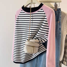 条纹针织衫女2025秋冬季粉色毛衣慵懒高级感宽松百搭套头长袖上衣