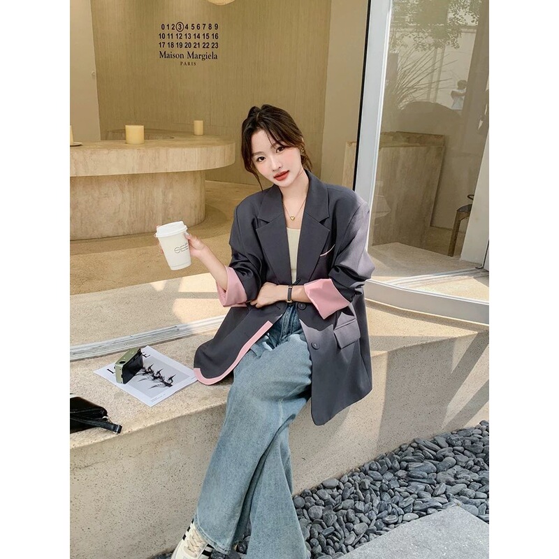 灰色时尚拼接撞色西装外套女春秋2025新款休闲宽松气质高级感西服|undefined