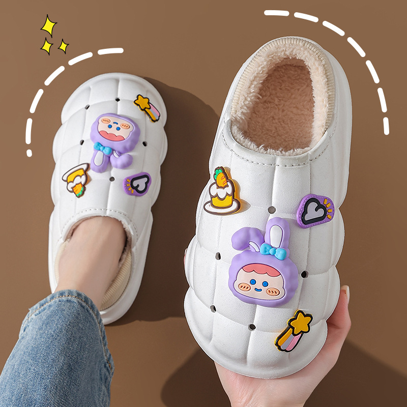 Pareja de invierno Zapatillas de algodón bolsa de mujer talón forrado de lana cálido hogar peludo dibujos animados impermeable slip-on zapatos de algodón de suela gruesa hombres