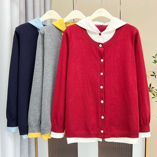 2025 Early Spring New Style 100kg Fat mm Plus Size Women's Casual Contrast Color Hooded Fake Two-Piece Knitted Sweater Top 5901