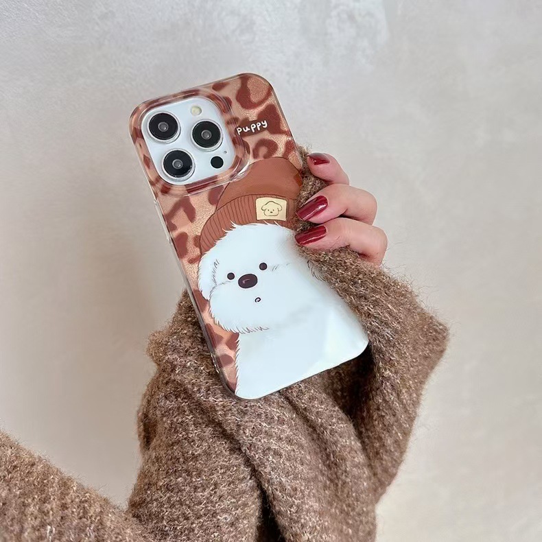 Lindo sombrero pequeño perro blanco iPhone16promax estampado de leopardo marrón Apple 15pro funda para teléfono 14/13 nuevo