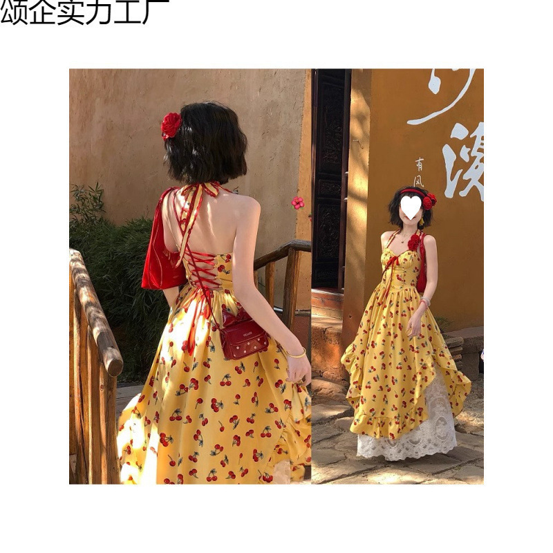 Spot New Tropical Cherry Resort Style Asymmetrical Backless Dress Seaside Suspender Skirt + Lace Skirt