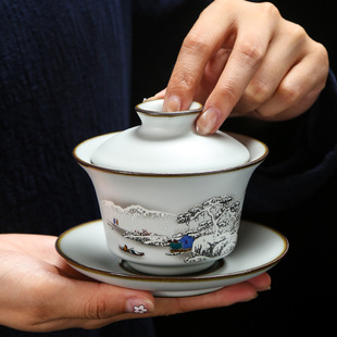 Porcelain rhyme Oriental Ru kiln sancai Cover bowl tea cup teapot large Master Cup Open piece Nourishing Tea Set iron tire ceramic cup