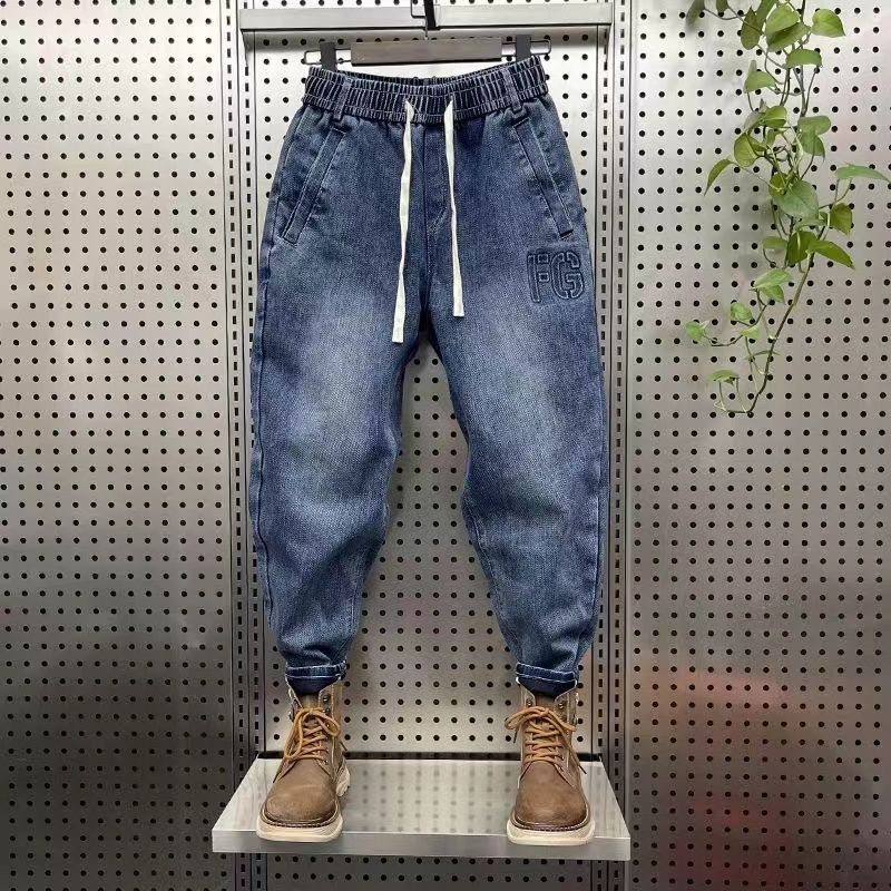 Drawstring tied denim jeans for men's 2023 summer new elastic loose Harlan leggings casual cropped pants_voghion.com