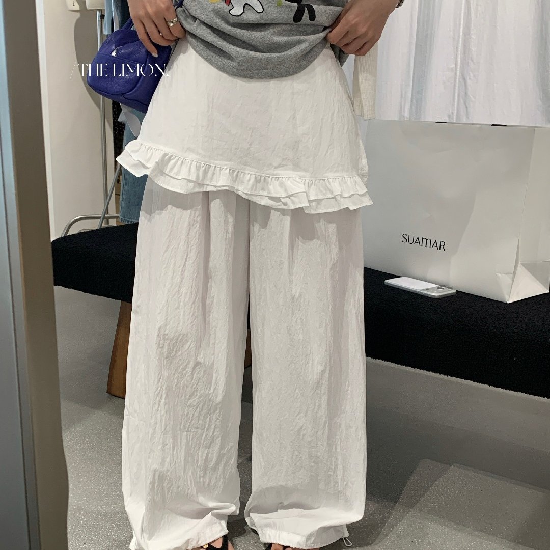 Quần culottes nữ ống rộng cạp cao, phối viền ren xếp tầng, dáng suông rộng, thanh lịch và thoải mái — màu đen, Xanh da trờicolor, màu trắng, Đá vôi