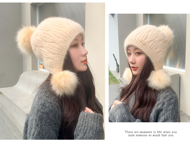 秋冬季新款韩版女士户外加绒保暖针织毛线帽甜美毛球纯色套头帽子详情24