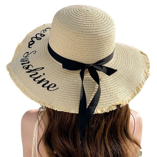 Summer large-brimmed embroidered sunscreen straw hat for women, fashionable simple letter bow ribbon sun hat, sweet sun hat
