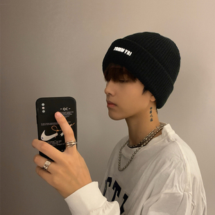 Wool Hat Men's Autumn and Winter Black Warm Pullover Knitted Hat Korean Style Fashion Brand Handsome Melon Hat Cold Hat for Men