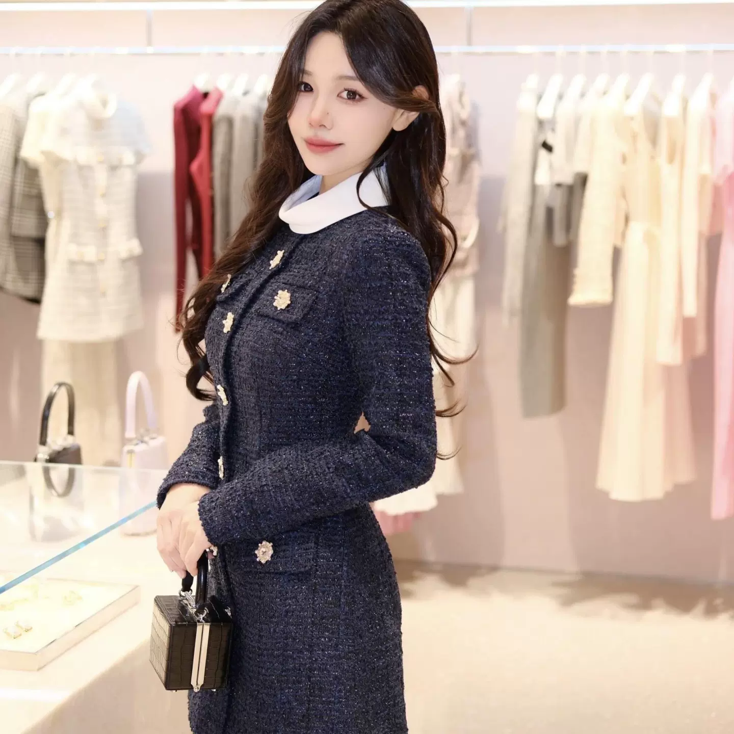 2025秋冬新款藏蓝色粗花呢千金风通勤OL气质连衣裙小立领撞色洋装