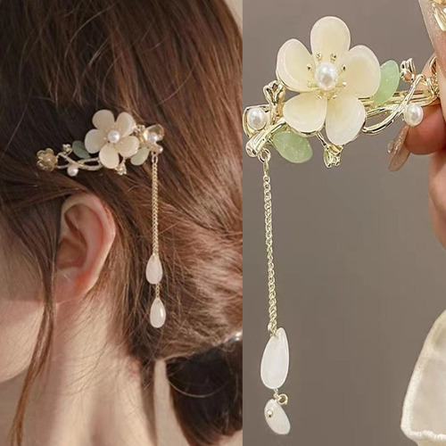 White Deer Same Style Magnolia Tassel Hairpin Retro Style Hairpin Back of Head Hairpin Hairpin Headwear Hair Accessories Wholesale