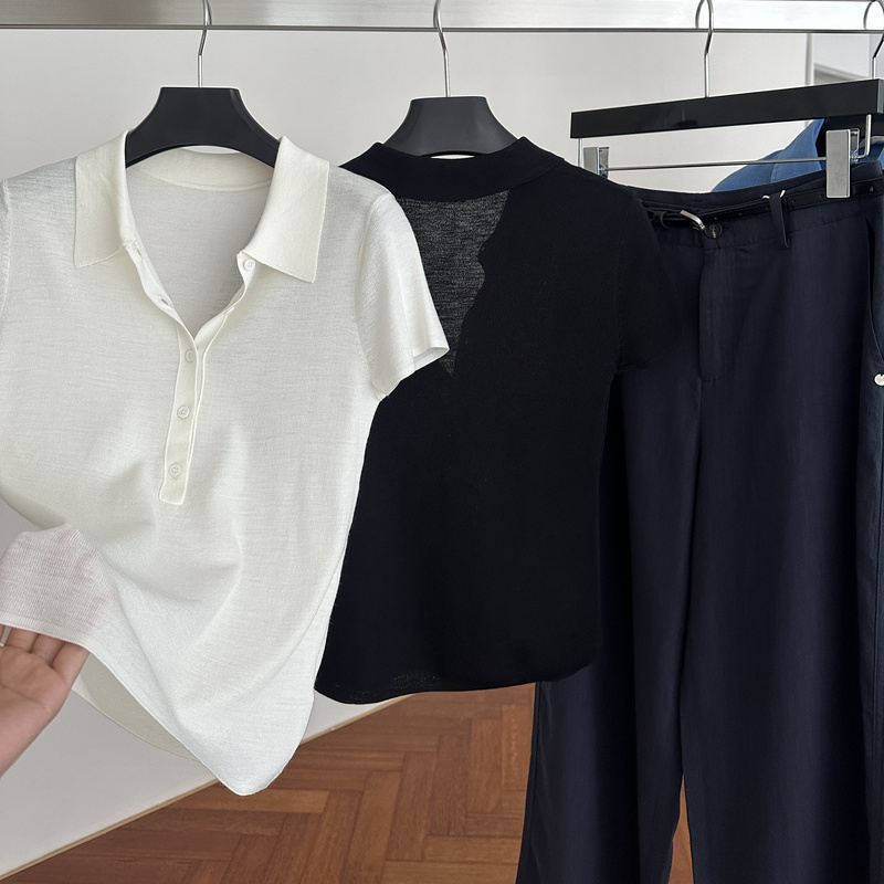 Lovesstory Soft and Powerful Japanese-Style Slimming Comfortable Polo Button-Up Knit Short-Sleeve Top