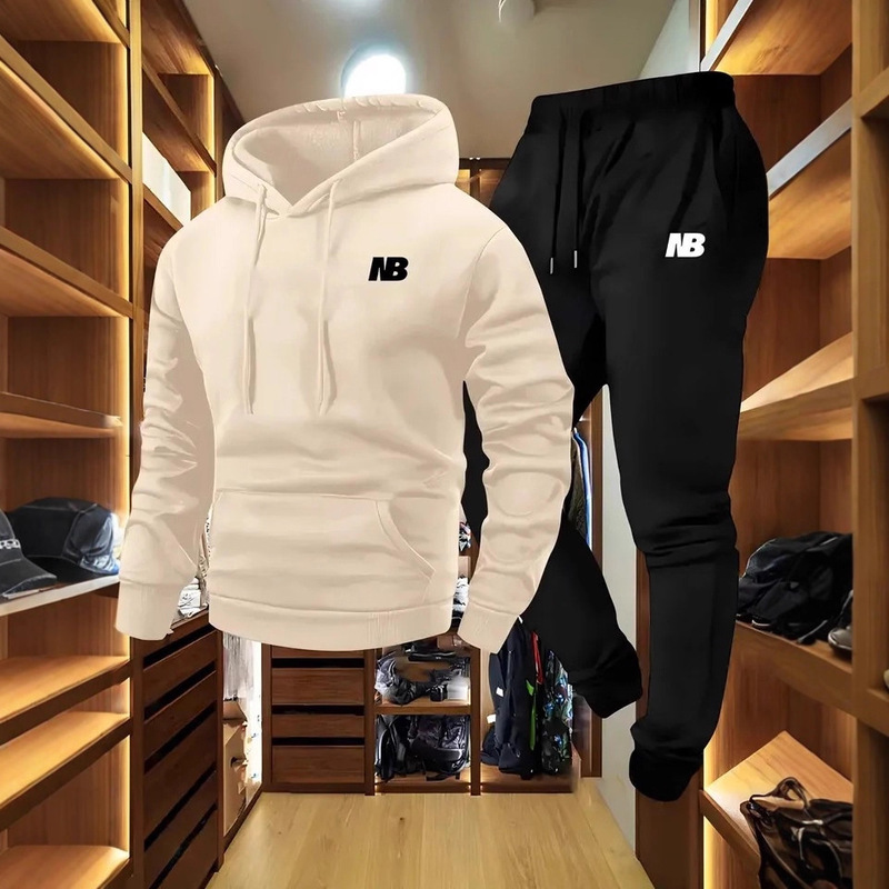 Cross-Border Men's Sports Two-Piece Hoodie and Pants Gray-Black Logo Non-Stretch Regular Fit Pocket Autumn and Winter