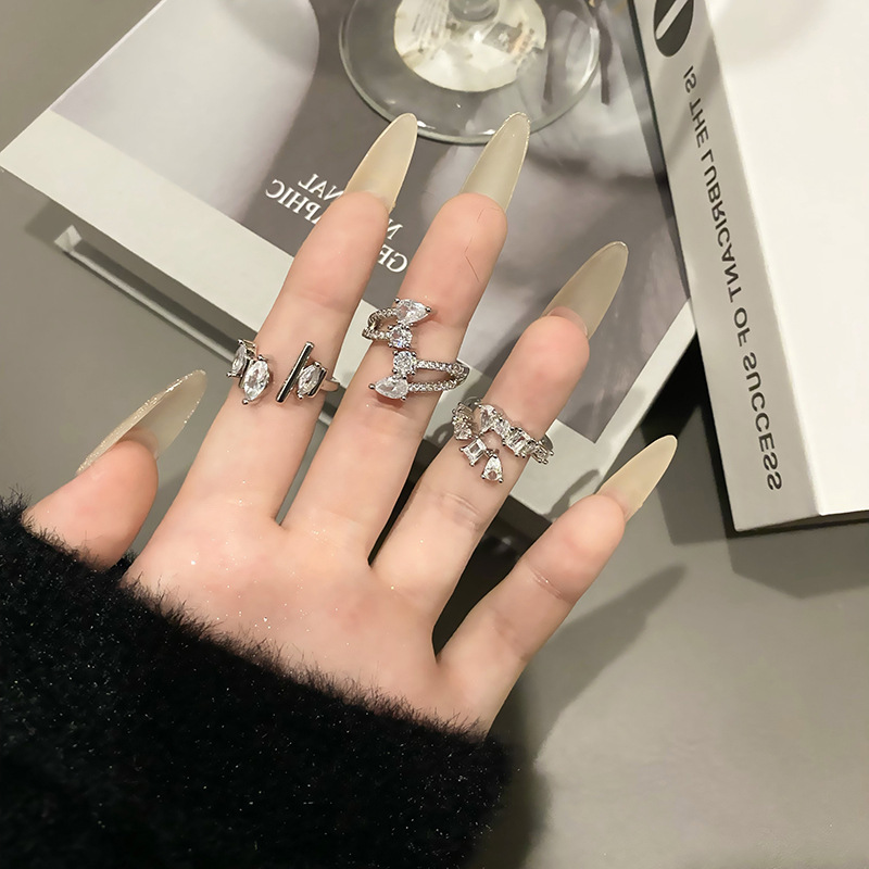 雙層超閃鋯石戒指女不對稱輕奢時尚個性小眾設計百搭食指戒配飾