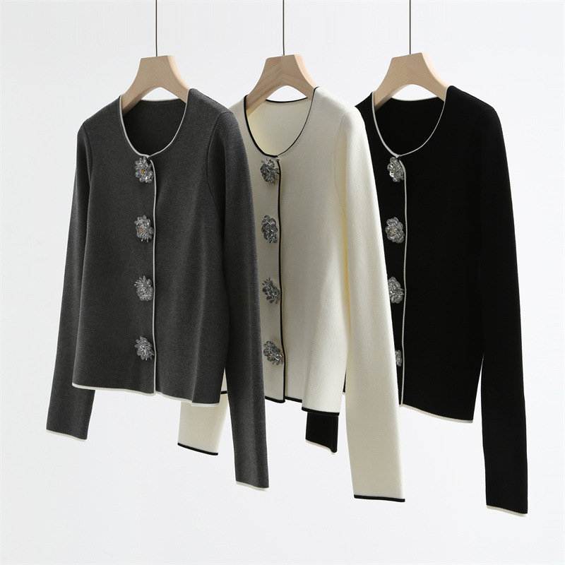 Autumn and Winter Heavy Acrylic Rhinestone Flower Contrast Color Chanel Crewneck Knitted Cardigan Sweater Jacket Women's 16075