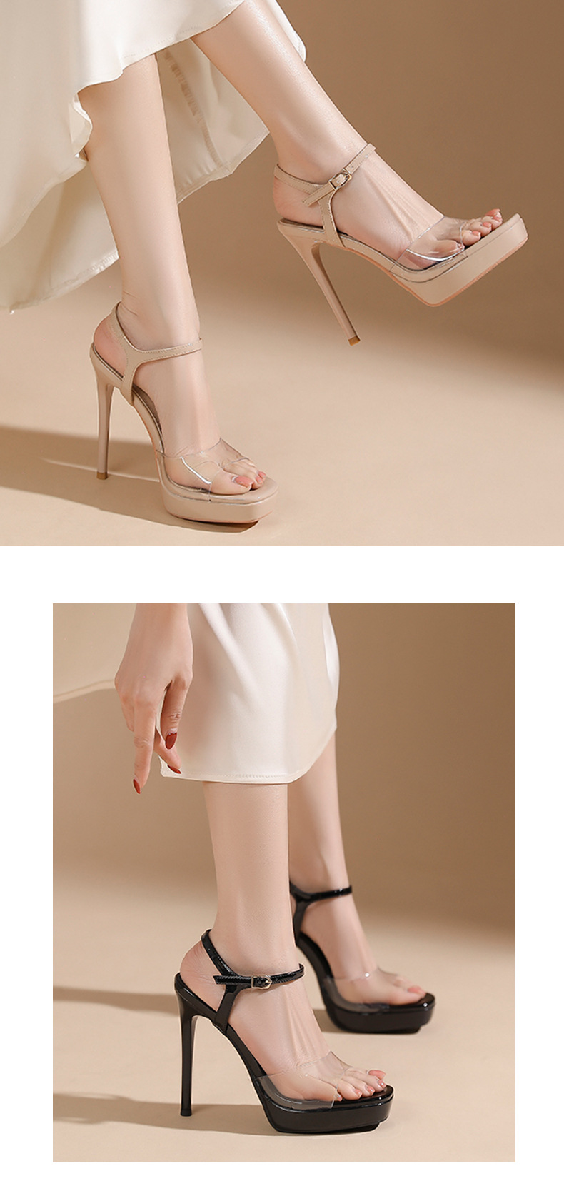 Sandal cao gót nữ mũi vuông quai một dây trong suốt, gót nhọn đế platform 14 cm — Hồng nude-14cm chi tiết 6