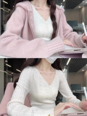 设计感镂空小个子v领麻花薄款上衣针织衫女初秋毛衣开衫短款外套