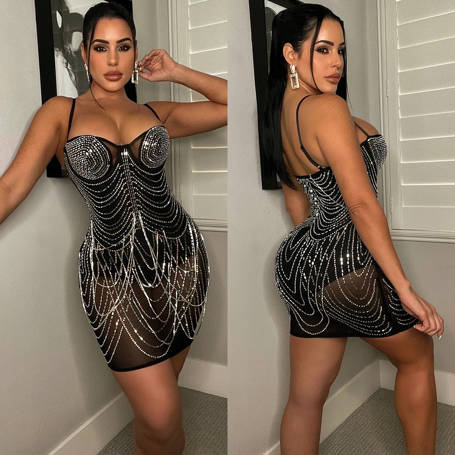 C5868 moda europea y americana nueva AliExpress Amazon sexy discoteca caliente rhinestone perspectiva Sling vestido ropa de las mujeres
