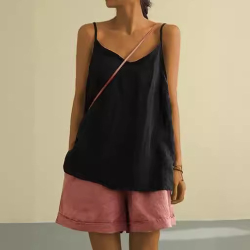 2025 European and American cotton and linen halter vest women's summer new loose cotton and linen with sleeveless all-matching base top
