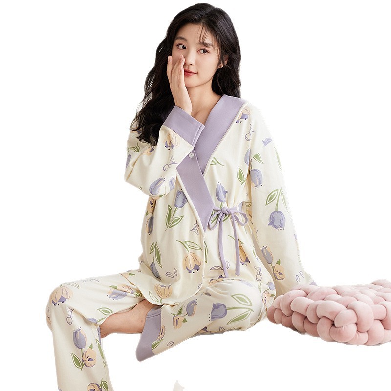 婧麒月子服十月份产后纯棉哺乳睡衣怀孕期孕妇斜襟喂奶家居服套装|undefined