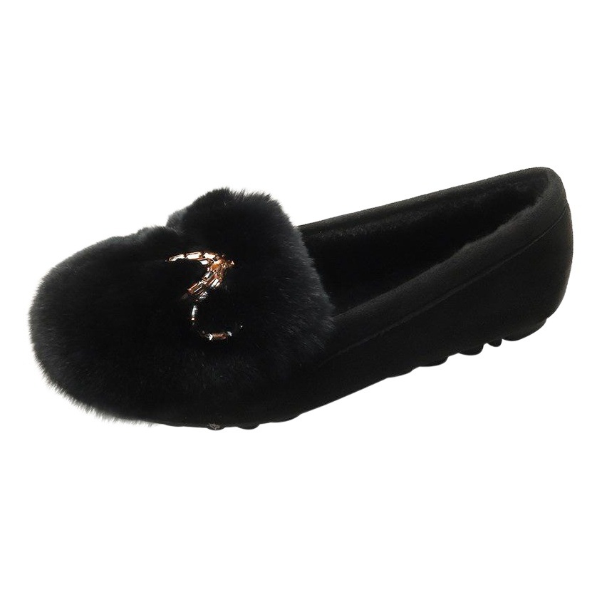 Zapatos de felpa de mujer ropa de invierno plana 2023 nuevos zapatos de guisantes con hebilla de diamantes de imitación zapatos de mujer de fondo suave con forro polar más el tamaño 41-43