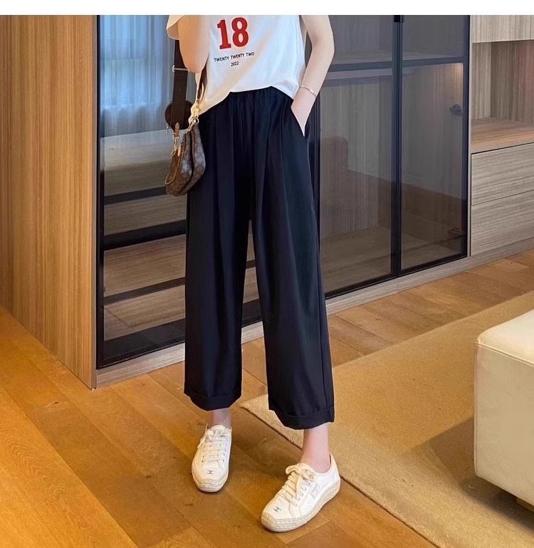 Quần dài ống đứng nữ vải lụa băng mỏng mùa hè, dáng suông thoáng khí, cỡ lớn cho người mập — 9 phân mẫu mỏng màu đen chi tiết 15