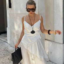 跨境秋冬新款仿醋酸不对称吊带背心蕾丝拼接上衣女设计感气质时尚