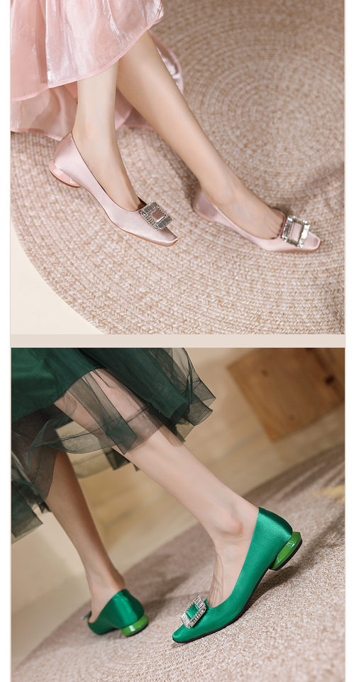 Giày búp bê nữ mũi vuông lụa satin đính đá khóa vuông, đế bệt gót thấp — Màu hồng nhạt, Màu xám bạc, Màu đen, Màu đỏ chi tiết 13