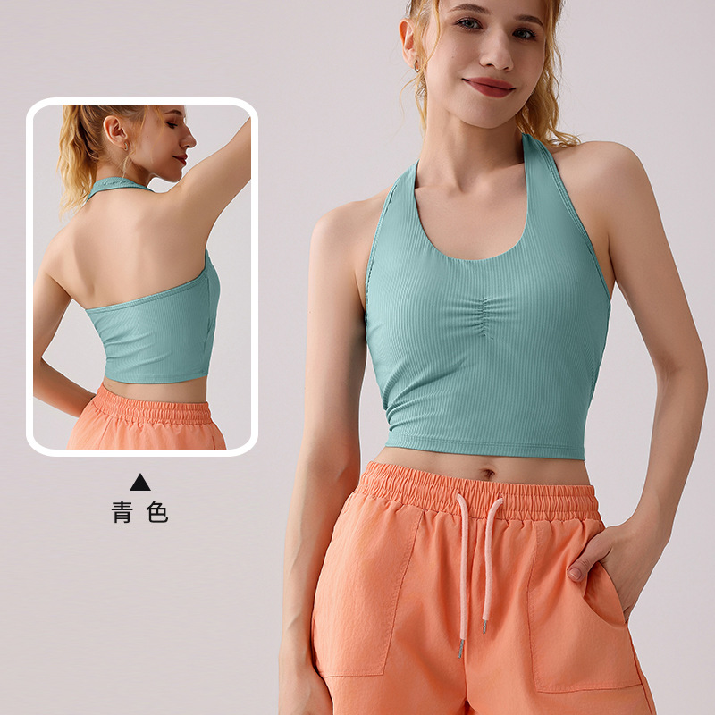 Yoga europeo y americano, cuello halter, roscado, pliegues, sujetador, chaleco deportivo al aire libre para mujer, fitness, hermosa espalda, mujer deportiva
