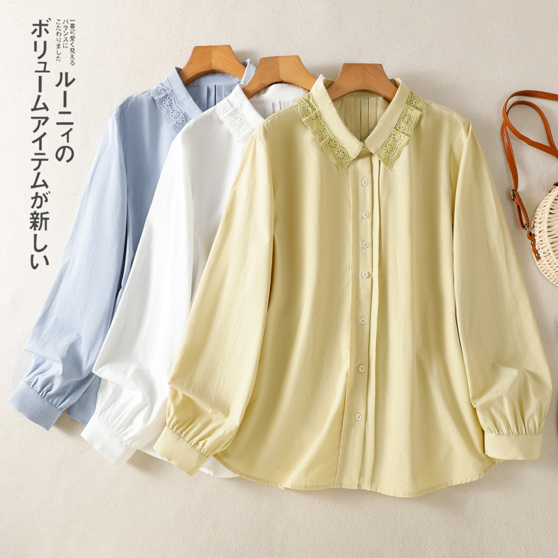 蕾丝花边翻领长袖衬衫女百搭文艺大码女装胖mm衬衣女2025秋装新款