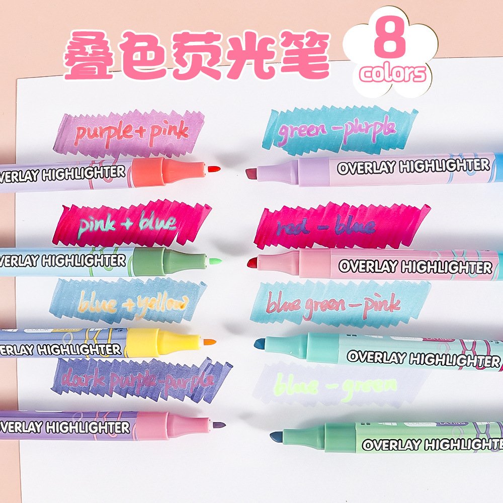 Resaltador de dos colores de dos cabezas, marcador de puntos clave de gran capacidad de 8 colores, bolígrafo de mano para estudiantes, resaltador de color superpuesto