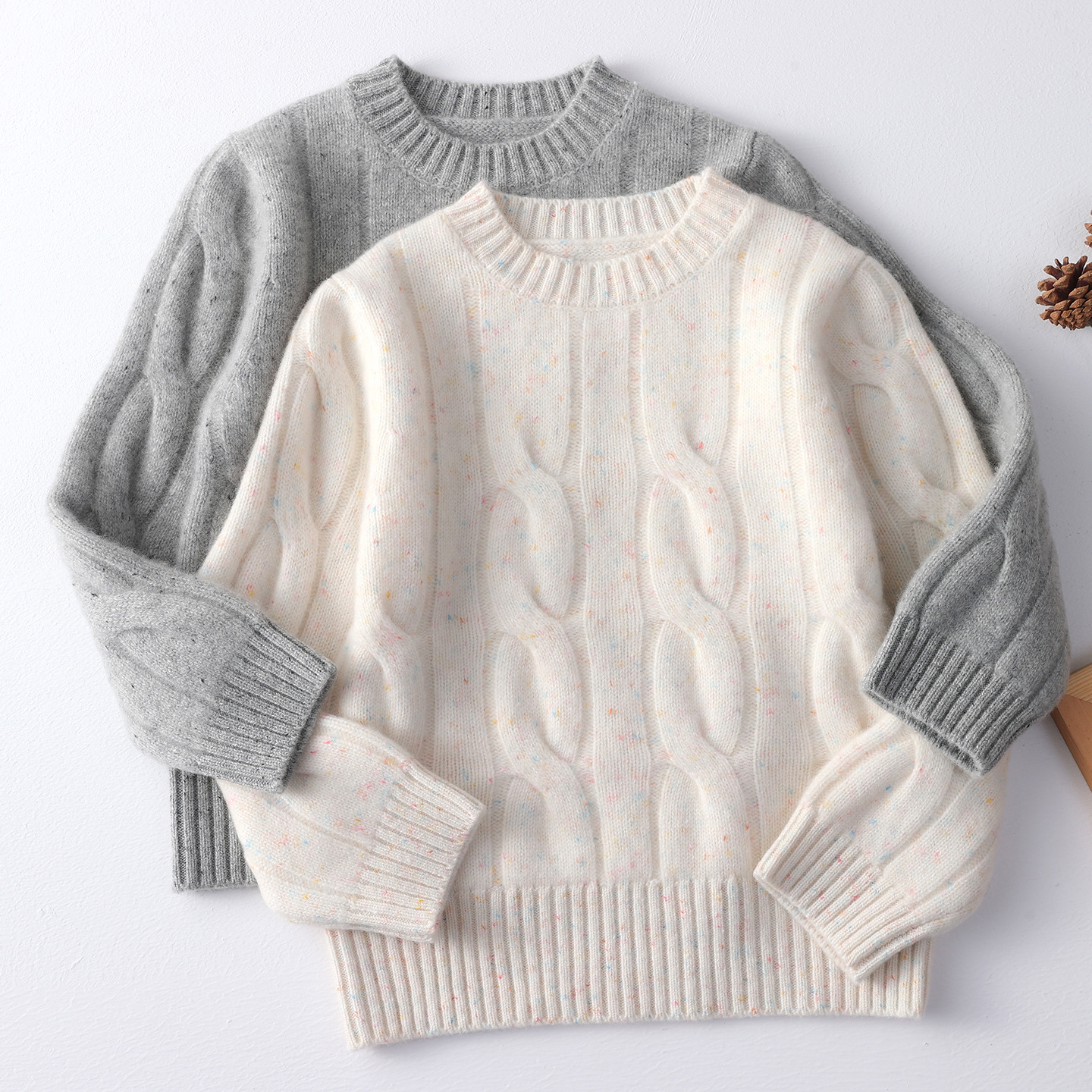 Autumn/Winter 100% Pure Wool Sweater for Boys and Girls, Versatile, Simple Cable Knit, Three-Strand Thick Crew Neck Pullover
