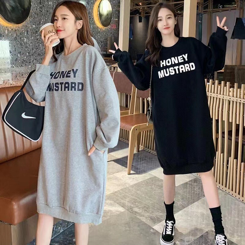 Cross-border Mid-length Letter Printed Long-sleeved Sweat Women's Autumn and Winter New plus size Loose fleece-lined Round Neck dress