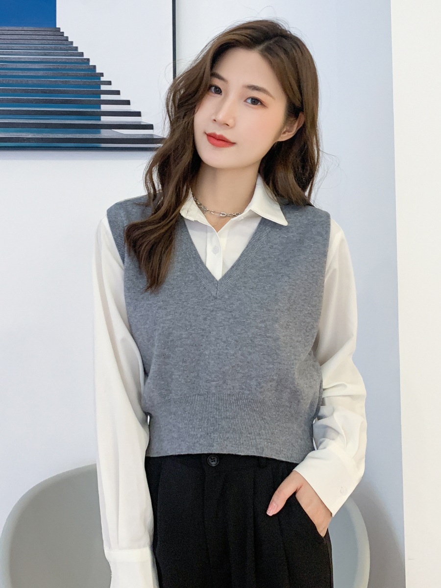 Chaleco de punto estilo nuevo para primavera y otoño para mujer, suéter sin mangas moderno, top corto marrón elegante.