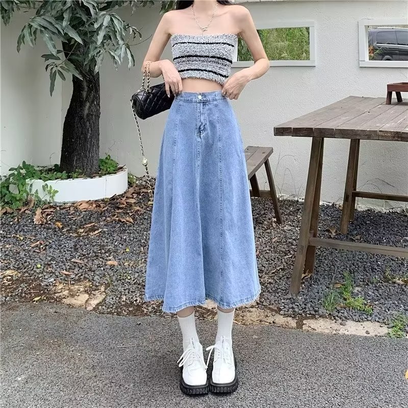 Elasto Waist Denim Long Skirt Women's Skirt Summer New Retro Slimming High Waist A- Line Dumped All-Match Umbrella Skirt