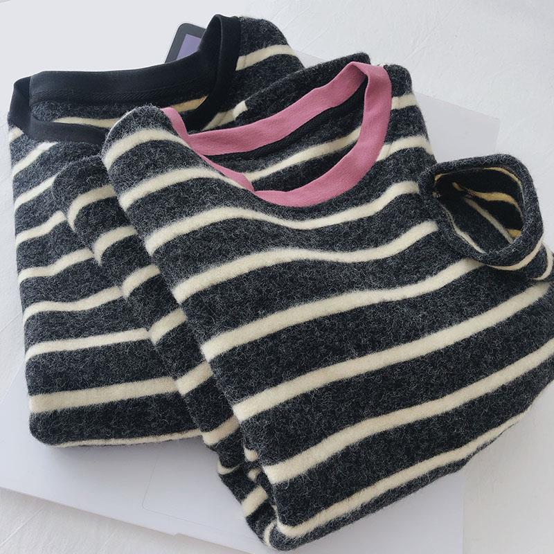 Soft rabbit Velvet/plush striped knitted bottoming shirt women's autumn and winter casual loose fleece-lined thick long sleeve T-shirt