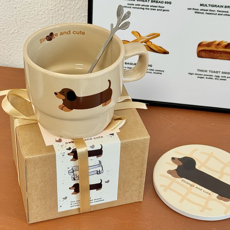 Super Cute Dachshund Puppy Stacked Original Ceramic High-Looking Cute Hand-Painted Cartoon Mug Breakfast Coffee Cup