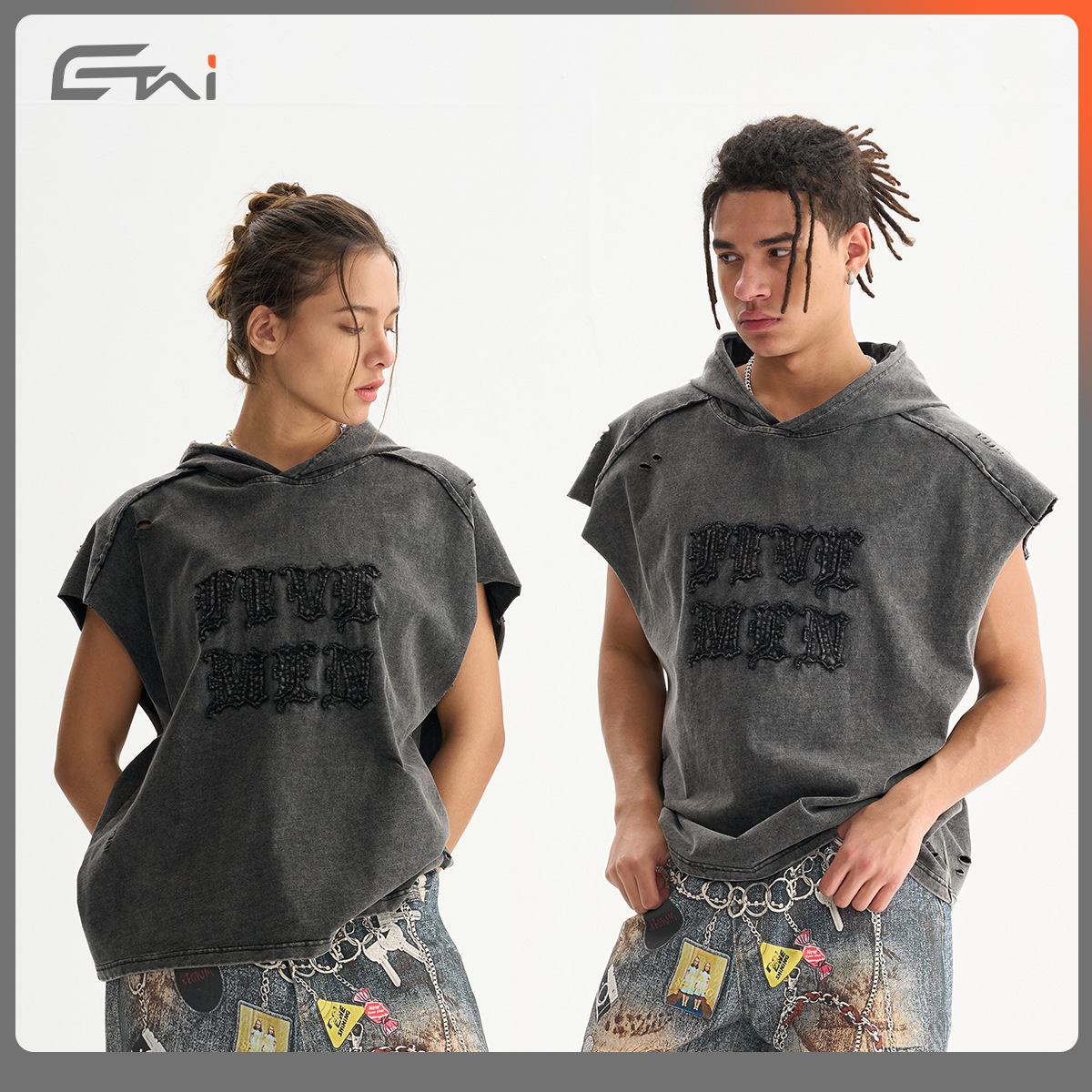 ETAI Hombre| Camiseta estadounidense retro de alta calidad con sombrero sin mangas chaleco de moda masculino Boxy fit empalme desgastado