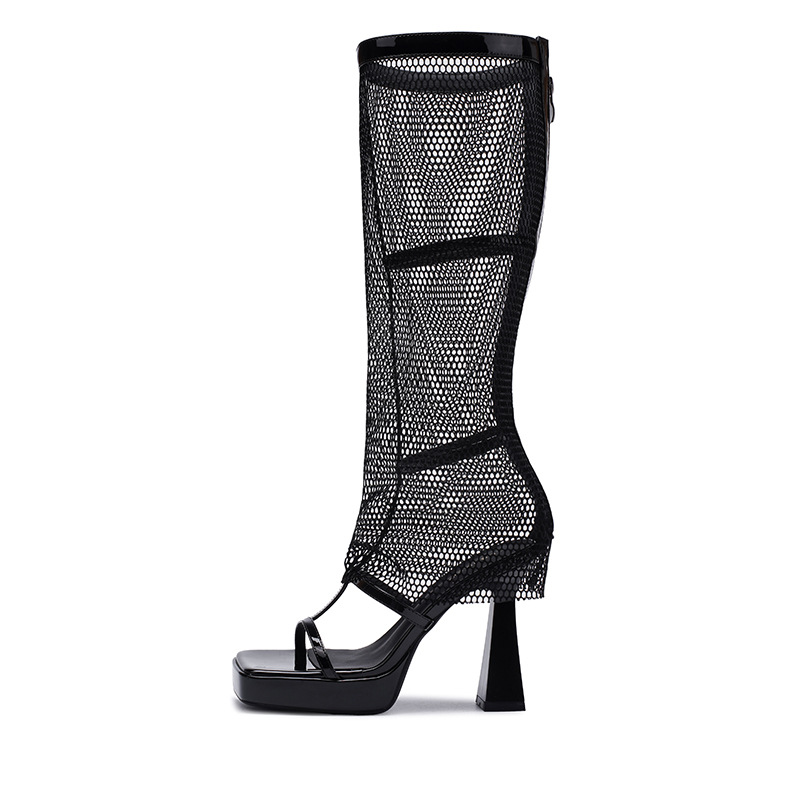 Sandal cao gót nữ mũi vuông hở ngón, quai lưới thoáng khí, gót 11 cm, khóa kéo sau — Màu nude - 11cm
