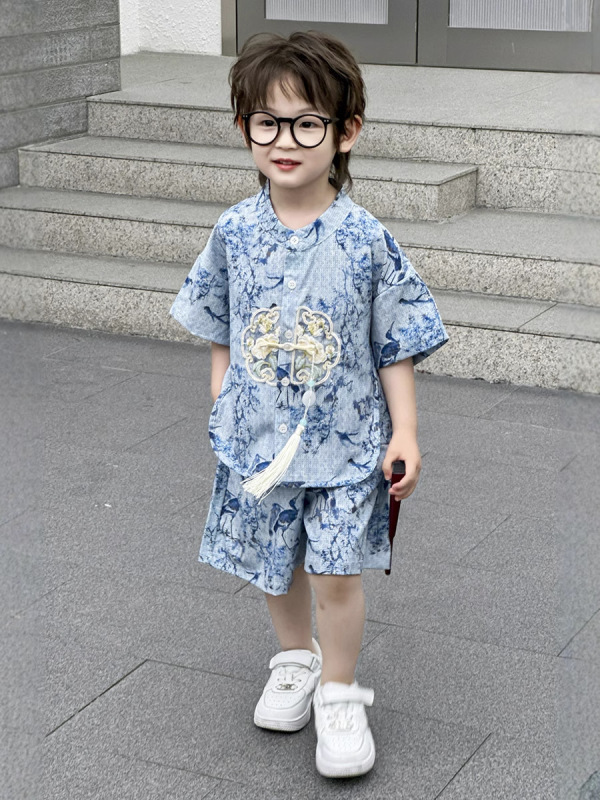 男の子と女の子 2025 夏スーツ夏の新中国風半袖子供ツーピース刺繍古代風スーツ|undefined