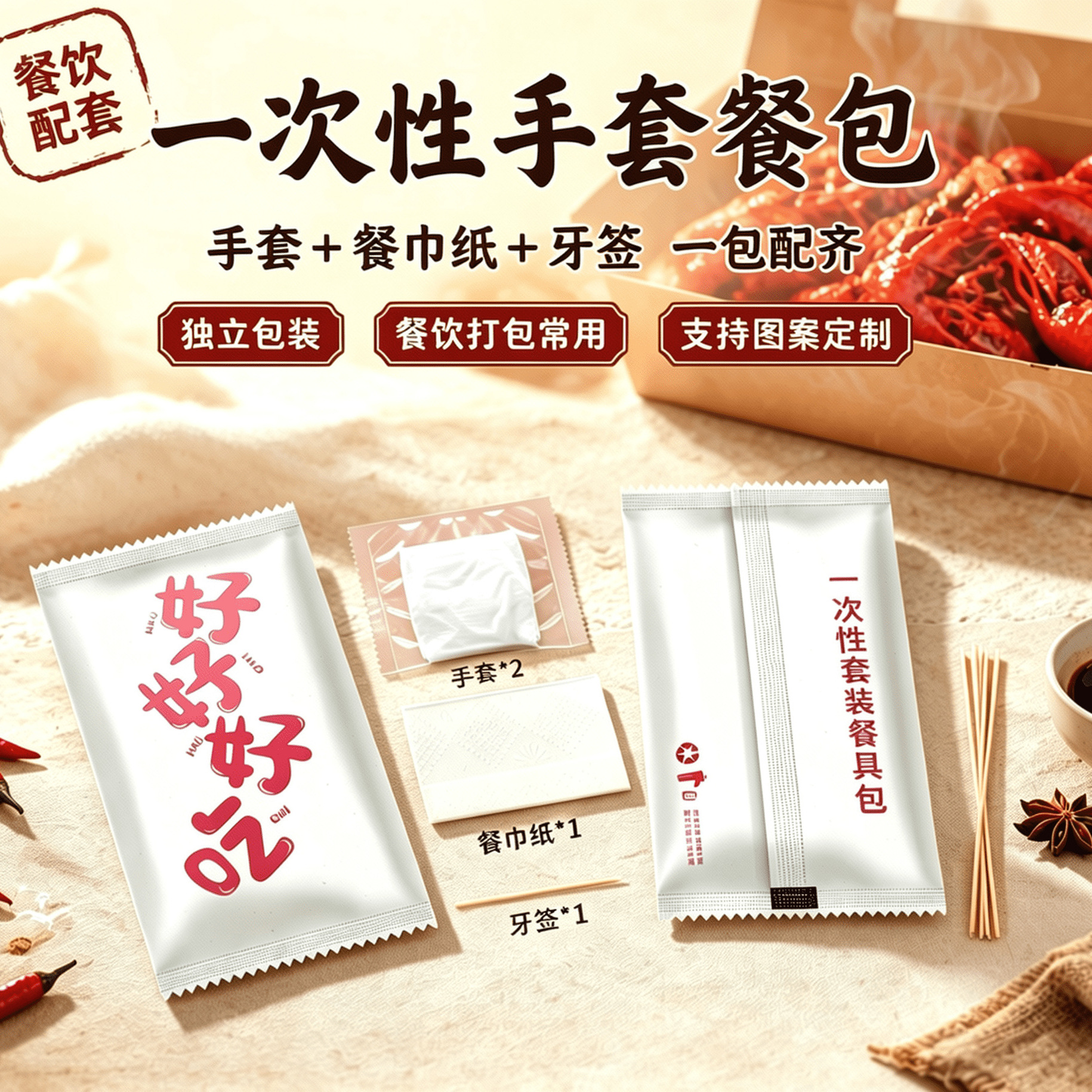 食品级加厚一次性手套套装 餐饮外卖专用独立包装纸巾牙签组合包